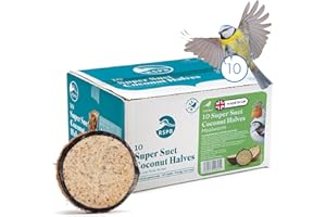 Coconut Bird Feeder Halves, Wild Bird Food for Small Birds with Suet, Dried Mealworms, Seeds, and Cereals, High Energy Food, Filled in the UK, Suitable for Year-Round Feeding - RSPB x 10 (320g)