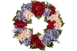HOLLYONE 24'' Autumn Decorations Artificial Hydrangea Wreath, Fake Flower Wreath, Blue Red Faux Hydrangeas for Front Door, Floral Wreath for Mantel, Kitchen, Farmhouse, Wall Decor