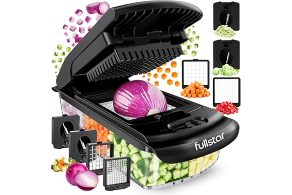 Fullstar Coupe Legumes Multifonction et Spiraliseur - Découpe en Cube - Hachoir Manuel pour Oignons Carottes Concombres Tomates Frites Pommes de Terre - Cuisine Accessoires (PRO 4-en-1, Noir)