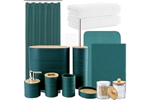 Icegrey 25-teiliges Bambus-Badezimmer-Zubehör-Set mit Duschvorhang-Set und Teppichen, Becher, Zahnputzbecher, Seifenspender, Seifenschale, WC Bürste, Mülleimer, Qtip Halter und Handtuch, Dunkelgrün