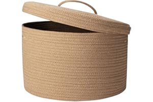 Rieeyrslza Cesta de Cuerda de Algodón para la Colada con Tapa 32L Cestas de Lavandería Tejidas para Mantas, Mango Hueco, Poner Ropa Sucia, Juguetes, Almohadas, Productos para Bebés 40 x 25cm(Yute)