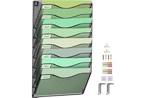 IOUGDSEC Organiseur de dossiers mural à 8 étages en maille, Organiseur de dossiers verticaux à filets moyens à suspendre, Porte-revues et dossiers pour bureau, avec crochets pour étiquettes