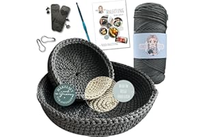 HÄKEL LIESE Häkelset für Anfänger - runde Schalen, Häkel Set Anfänger Erwachsene, Häckelset Schale mit Anleitung, häkeln lernen, crochet set, Schalen Set Häckeln (GRAU)