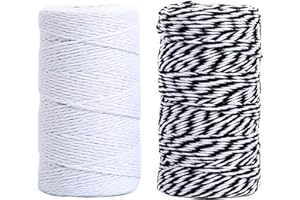 RUSPEPA Bawełniany sznurek jutowy do rękodzieła, sznurek bawełniany 200 m, do pakowania prezentów, opakowanie artystyczne, dekoracja ogrodowa (czarny, biały, łącznie 2 rolki)
