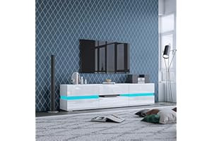 BESTWANTED TV Stand with LED Lights, Modern High Gloss TV Cabinet TV Unit 177CM with 2 Doors and 1 Drawer for Bedroom Living Room Home Furniture (White)