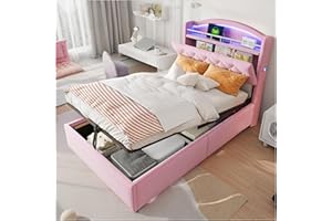 Wyibwy Letto imbottito per bambini,90x200cm,3 USB+C,illuminazione a LED,contenitore idraulico,contenitore e tasche laterali,letto multifunzionale,letto singolo,velluto,senza materasso,Rosa