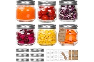 HYCKEE Mini Mason Jars 240ml/8oz with Regular Lids, 6 Pack Canning Jars With Labels Tags, Mini Glass Jars for Jam Jelly Spice Honey Herbs, Wedding Shower Favors Glass Food Storage Candle Jar
