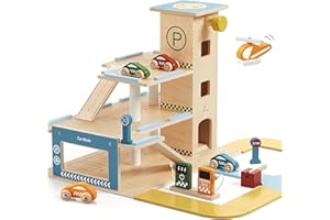 Little Log Garage stationnement en Bois avec Accessoires Lavage Voiture Garage Jeu avec Ascenseur hélicoptère Ensemble Jeu Voiture en Bois 21 pièces 3 étages pour garçons et Filles à partir de 3 Ans