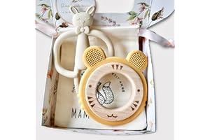 MAMAN COCO L’anneau de dentition bébé silicone alimentaire sans BPA avec le bois naturel - jouet de dentition pour bébé - Jouet éveil Montessori à Mordiller - Cadeau Naissance (Tiger sunshine+Rabbit)