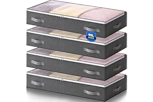Boic 4 Pièces Bacs de Rangement sous le Lit, Sac de Rangement Vetement 90L Housse de Rangement pliable Poignée Renforcée Avec Fermeture éclair Fenêtre Transparente Pour Rangement de Couette Vêtements
