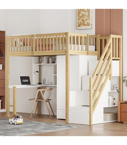 Cama Alta Infantil Con Techo - 90x200 Cm, Con Armario Y Estantes, Escalera De 3 Peldaños, Color Blanco Y Verde