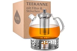 Cosumy Teekanne mit Sieb und Stövchen - 1,5 Liter - Hält lange warm - Spülmaschinenfest - Glas Teebereiter Groß