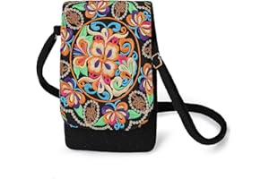 GENERIC Mini etui na telefon komórkowy dla kobiet. Torba na ramię w stylu boho, styl hippie, crossbody, hobo, regulowany pasek, haftowany portfel na monety w stylu vintage dla dziewcząt, czarny, S