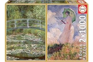 Educa - Zestaw 2 puzzli po 1000 sztuk dla dorosłych | Claude Monet, Staw Lilii wodnej + Kobieta z Shonem. Zawiera klej Fix Puzzle. A Od 14 lat (19270)