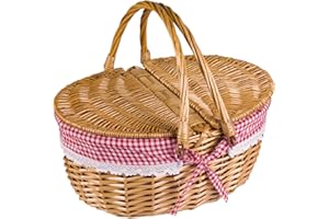 HEMORE Canasta de Picnic, cestas de Mimbre Plegables de 35 cm/13.9 Pulgadas con Tapa y manija, Cesta de Cesta de Mano rústica para bocadillos de Picnic Huevos de Pascua (Rojo)