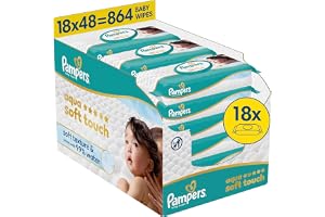 Pampers Aqua Soft Touch Baby Wipes, 18 Packs of 48 Wipes = 864 Baby Wipes, Soft Texture & Lotion with 99% Water