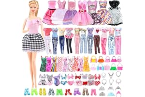 CARREUTY 52 Ropa Accesorios Compatible con Barbie 11.5inch Muñecas , 2 Vestido de Moda 2 Pantalones de Manga Corta 1 Bañador 5 Vestido Halter 6 Corona 6 Collar 10 Bolso 20 sólo Zapatos, Envío Aleatorio