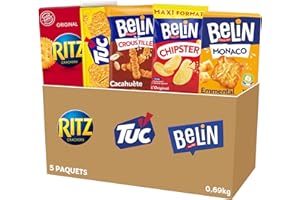 BELIN RITZ TUC-La Boîte Apéritif 5 Paquets de Crackers-Ritz, Tuc Original, Belin Croustilles Cacahuète, Chipster, Monaco Emmental- Lot de 0,69kg