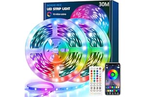 BONVE PET Ruban LED 30M(15Mx2) Bleutooth Bande LED RGB LED Chambre Bande Lumineuse Flexible Multicolore, Contrôlé par APP du Smartphone, Synchroniser avec Rythme de Musique/Fonction de Minuterie