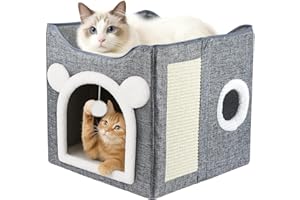 GENERIC JF HOME BLISS Cat House for Indoor Pets 2 Layer Large cat cave with Scratch Board and Ball (Gray, 1)
