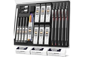 Nicpro 5 Piezas Portaminas Mecánicos de Metal Negro, Portaminas 0,5, 0,7, 0,9 y 2 mm con Borradores, Minas (2B HB 2H 4B) para Dibujar, Escribir y Bocetos