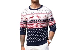 Crewhpo Świąteczny sweter męski, zabawny sweter bożonarodzeniowy z okrągłym dekoltem, wzór renifera, Boże Narodzenie, Boże Narodzenie, sweter bożonarodzeniowy, sweter bożonarodzeniowy, sweter z długim