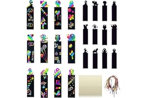 Oursouion Party Bag fillers for Kids,24Pcs Bookmarks for Children DIY Paper Scratch Art for Kids Gift Tags with 24 Colorful Ropes and 12 Wooden Stylus-Gifts for Kids
