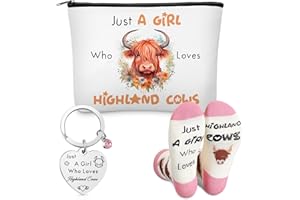 Xuniea 3 Pcs Highland Cow Gift Set for Women Cow Lover Highland Keyring Cattle Makeup Bag Cotton Socks Just a Girl Who Loves Gifts Cute Animal Themed Party Supplies for Birthday Graduation