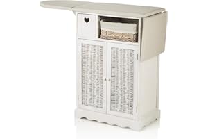 BARONI HOME MONTEMAGGI Meuble à Repasser Style Shabby Chic Repliable, avec Planche à Repasser, avec 1 Paniers en Osier et 2 Portes, Blanc, 66x37x87 cm