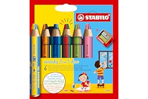 ‎STABILO STABILO - Duo Buntstift, Wasserfarbe & Wachsmalkreide - woody 3 in 1 duo - zweifarbige Mine - 6er Pack mit Spitzer - mit 6 Stiften und 12 verschiedenen Farben