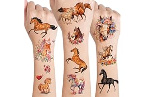 ‎DROOKAEN Drookaen Glitter Pferde Tattoos für Kinder, 8 Blätter Hautfreundliche Pferde Tattoos, Pferd Spielzeug Mädchen, Pferde Mädchen Geschenk, Wasserdichte Kindertattoos Aufkleber