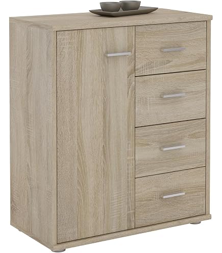 Commode Jerry AKORD 3 Tiroirs + 2 Étages - 80x77x35 Cm - Chêne Sonoma - Pour Chambre, Salon