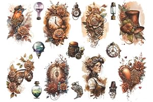 STENCIL COMPANY Steampunk Rice Paper, 29.21 x 40.64 cm - 17 Unique Steampunk Images Printed on 36gsm Mulberry Paper Visible Fibres for Decoupage Furniture Renovation Crafts.