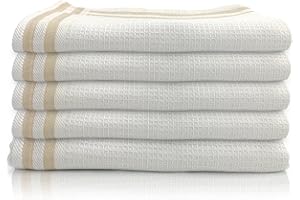 LivinEase Tea Towels for Kitchen - 100% Cotton Tea Towels - Pack of 5 (50 x 70 cm) Tea Towels Set- Absorbent T Towels (White - Brown Stripes)