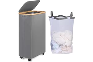 iEGrow Wäschekorb mit Rollen 75L, Wäschesammler Schmal mit Herausnehmbarer und Waschbarer Innentasche, Laundry Baskets Wäschekörbe mit Deckel für Kleidung, Spielzeug, Handtücher (Grau)