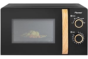 Bestron 700 Watt Mikrowelle, zweiteiliges Kontrollpanel mit 5 Leistungsstufen & 35 Min. Timer, stufenlos regelbar, mit 25.5cm Drehteller für alle gängigen Größen, Black & Wood, Farbe:Schwarz/Holzoptik