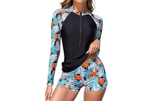 TERODACO Half Zip Women Rash Vest Built in Bra 2 Piece Womens Swim Shorts and Top Set UPF50+ Long Sleeve Ladies Swimsuit Surfing Rash Guard,Quick Dry Soft Stretchy
