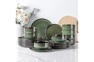 LeRatio Dinner Set for 8, 24 Piece Stoneware Plates and Bowls Set, Chip & Scratch Resistant Reactive Glazed Dinnerware Set, Dishwasher & Microwave Safe Crockery Set, Jade Green