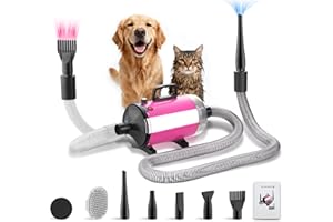 DEWINNER 3200W Asciugacapelli per Cani con funzione di aspirazione della polvere, flusso d'aria e temperatura regolabili, dotato di 5 Tubo Elastico, 1 Tubo Elastico e Spazzola per la Cura