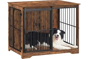 Hzuaneri 110cm Meble do klatki dla psa, skrzynia dla psa, 2 drzwi, nowoczesna klatka dla psa do wnętrz dla psów, stolik boczny, wzmocnione drzwi przesuwne, 110 × 65 × 81 cm, Brąz Vntage