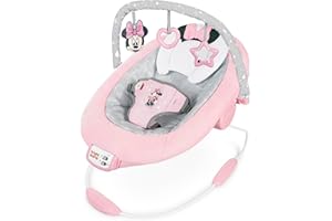 Bright Starts MINNIE MOUSE Seggiolino Comodo Vibrante per Neonati - Musica, Barra Giocattoli Rimovibile, 0-6 Mesi Fino a 9 kg (Rosy Skies)