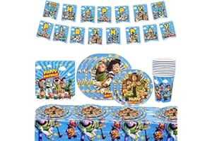simyron Toy Story Themed Party Tableware Decoration 52PCS Buzz Lightyear kids Party Supplies Set Toy Story table supplies including party paper plates napkins cups tablecloth banner reusable