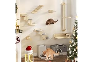 YITAHOME 8PCS Estante de Escalada para Gatos Montado en La Pared con 1 Escalera/2 Plataformas y 2 Escaleras con Alfombrillas Antideslizantes/1 Poste de Sisal con Plataforma Grande/Cama con 2 Cuencos