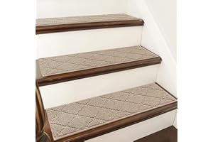 COSY HOMEER 15 Pack Full Edge Wrapping Stair Carpet Treads,70x22 CM Non-Slip Stair Tread Runners for Indoor Wooden Steps Stairs Soft Polyester, Easy Care & Peel Noice Reduction, Beige