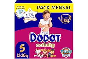 Dodot Pañales Bebé Activity, Talla 5 (11-16 kg), 152 Pañales, Hasta 12h de Protección Antifugas y Ajuste, Pack Mensual
