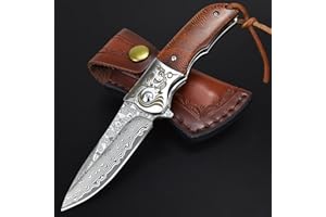 KOMWERO Damast Taschenmesser Klappmesser mit Clip, Einhandmesser EDC Messer mit Damaststahl Klinge, Holzgriff, Messerscheide - Damastmesser für Outdoor Survival Sammlung Geschenk