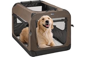 Veehoo Folding Soft Dog Crate, 3-Door Pet Kennel for Crate-Training Dogs, 5 x Heavy-Weight Mesh Screen, 600D Cationic Oxford Fabric, Indoor & Outdoor Use, 36", Brown