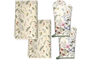 Arquiel Césped Rústico Flores Paños De Cocina Guante De Horno 4PCS, Suaves Absorbentes Toallas De Té Resistente Al Calo Guante De Cocina para Decoración Comedor Banquete Bodas Familiar