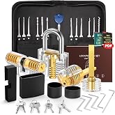 IPSXP Lock Pick Set, 32 Pieces Locksmith Pick Set with 4 Transparent Training Locks and Zipper Pocket, Guide for Beginner and