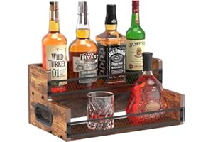 ALYOEN Liquor Bottle Display Shelf, Coffee Syrup Rack Organizer, 2 Step Countertop Liquor Wine Rack, 8 Bottles Coffee Station Organizer with Fences & Handles, Home Retro Bar Shelf Stand for Liquor Whiskey